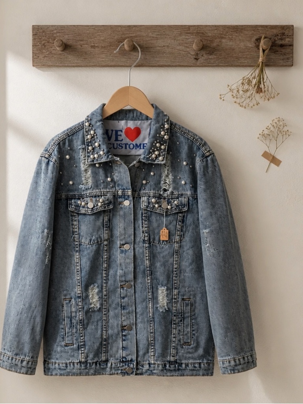 Denim Pearl-Embellished Jacket - Blue